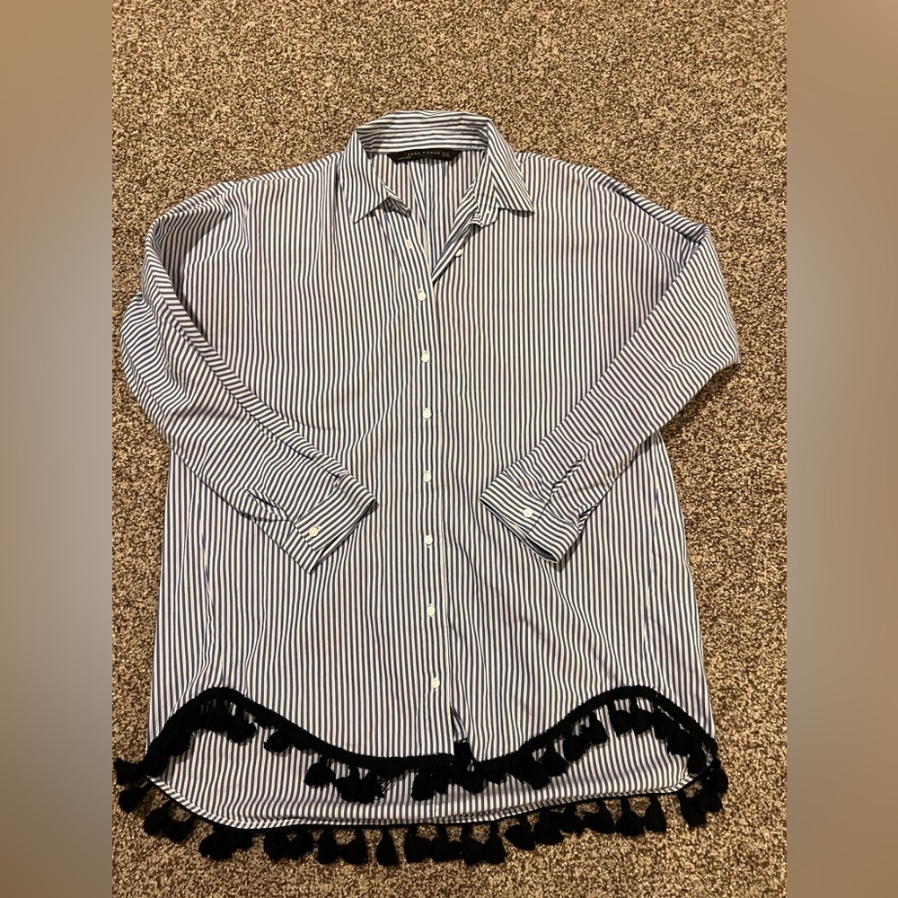 Zara Striped Top with Pom Poms / Tassels